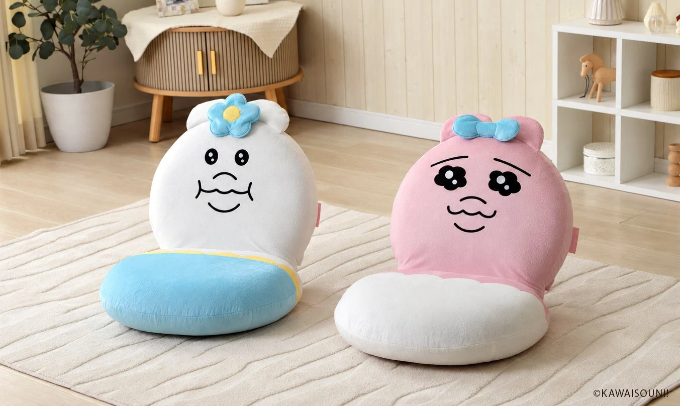 おぱんちゅうさぎ・んぽちゃむ座椅子。各8,990円（税込）。背もたれのある2種
