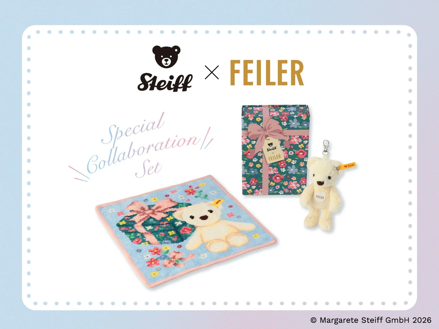 シュタイフ×フェイラーのセット全体。トミーのキーリング、ハンカチ、花柄のオリジナル箱。
